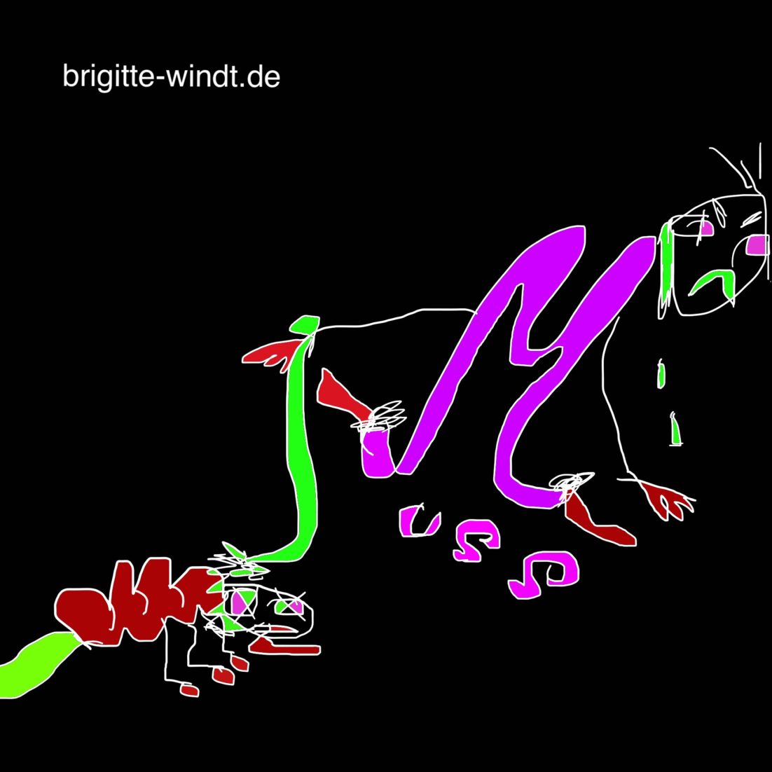 MUSS MUSS WEG Brigitte Windt. Personifiziertes violettes M mit roter Blutlaus an grüner Leine auf schwarzem Grund.